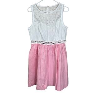 Lilly Pulitzer Alivia Dress Eyelet Pink White Stripe Seersucker Pockets Women 12